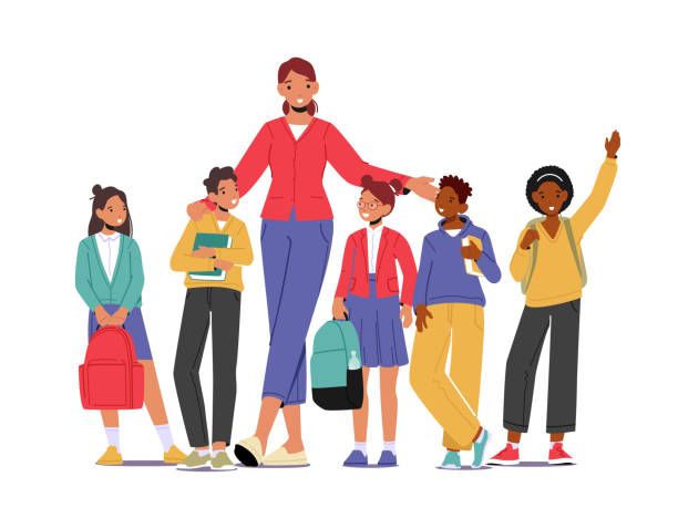 ilustrações de stock, clip art, desenhos animados e ícones de back to school concept with young smiling woman teacher and group of kids stand in row in classroom. elementary school - instructor