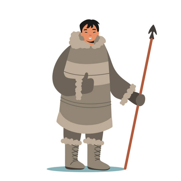 Inuit Male Character Happy Face Hold Spear Show Thumb Up. Life in Far North, Inuit Hunter Wearing Traditional Clothes Inuit Male Character Happy Face Holding Spear Show Thumb Up. Life in Far North, Inuit Hunter Wearing Traditional Clothes, Esquimau Person Isolated on White Background. Cartoon Vector Illustration chukchi stock illustrations