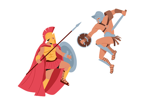 Legionary Soldiers, Roman Warriors, Gladiators Wear Helmet Holding Shield Fight on Coliseum Arena. Ancient History, Tale or Show for Audience with Spartan Male Characters. Cartoon Vector Illustration