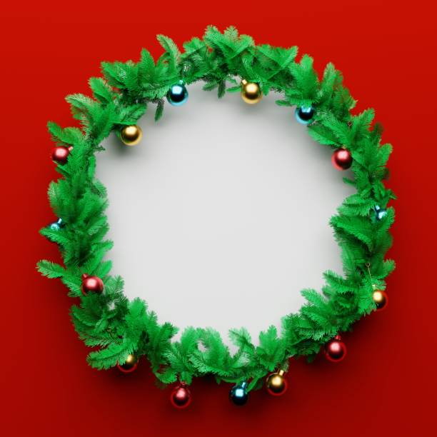 istock Christmas garland pine decoration with empty space in the middle on red and white background. Xmas holiday culture and new year concept. 3D illustration rendering 1394864598