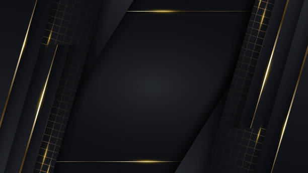 istock 3D modern luxury banner template design black stripes with gold frame and golden lines light sparking on dark background 1394876784
