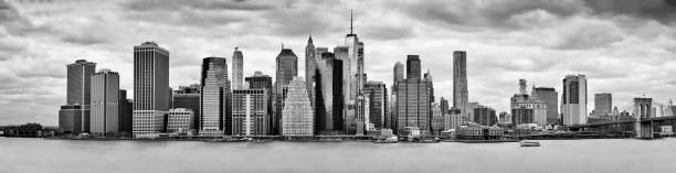 New York City downtown skyline panoramic black and white view