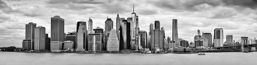New York City downtown skyline panoramic black and white view, United States of America