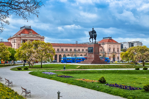Zagreb central railway station and Tomislav square park view, capital of Croatia