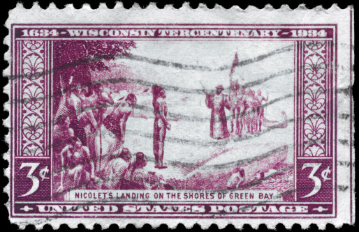 A Stamp printed in USA devoted to Tercentenary of the arrival of French explorer Jean Nicolet at Green Bay, Wisconsin, circa 1934