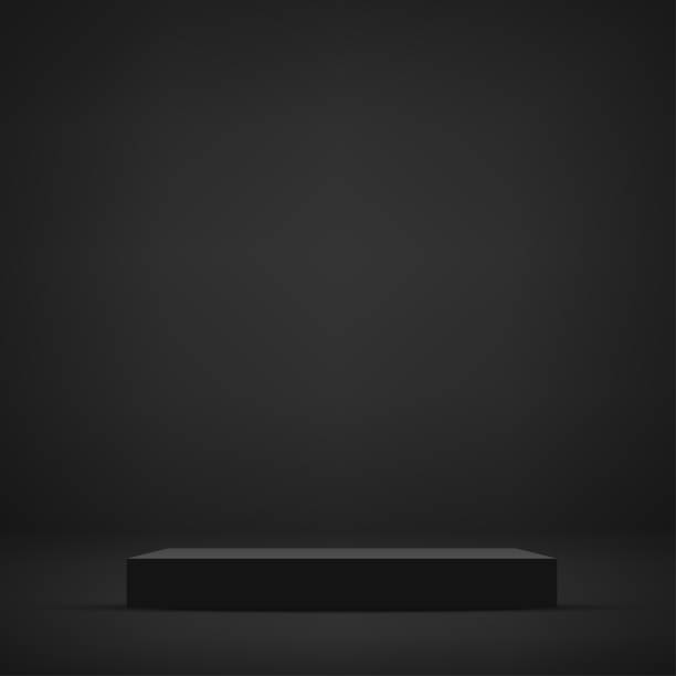 istock Abstract minimal scene with geometric forms. Black podium in black background for product presentation. Vector 1394881916