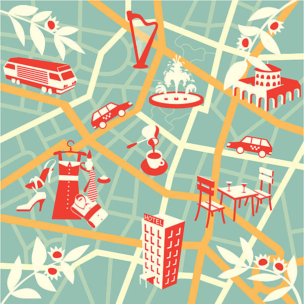 Tourist map of city Abstract decorative City tourist map, with the designation of places of rest, sights, shopping, train station, etc. city map illustrations stock illustrations