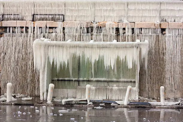 Frozen bus-stop in Varna,Bulgaria coverd with icicles due to extremely cold weather in Europe