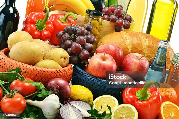 Composition With Groceries And Basket Stock Photo - Download Image Now - Apple - Fruit, Balance, Banana