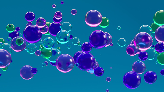 Abstract flying bubbles on colorful background, 3d render.