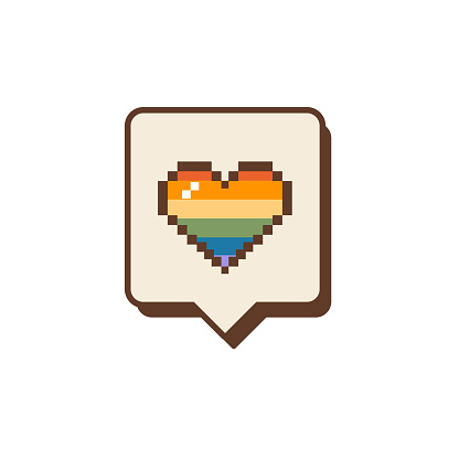 Notification Like icon with rainbow flag colored heart shape. Social media or app icon with LGBTQ symbol. Gay pride old computer 8 bit design. Vector illustration isolated on white background