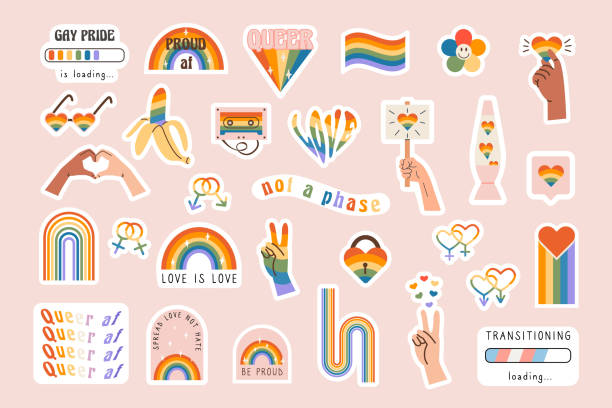 illustrazioni stock, clip art, cartoni animati e icone di tendenza di set vettoriale di simboli della comunità lgbtq con elementi colorati della bandiera arcobaleno retrò, simboli dell'orgoglio, segni di genere. slogan del mese dell'orgoglio e frasi adesivi. festa groovy della parata gay. illustrazione. - fashion old fashioned old social issues