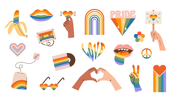 Vector set of LGBTQ community flat style icons and graphic elements. Pride flags, gender signs, retro rainbow colored queer symbols. Pride month stickers. Gay parade groovy celebration. Illustration