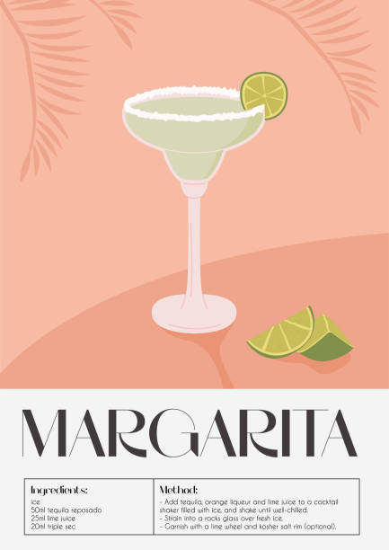 Contemporary poster of Margarita cocktail with lime wedge, cutted lime pieces and tropical palm brunch on the background. Classic alcoholic beverage recipe. Modern trendy print. Vector illustration. Contemporary poster of Margarita cocktail with lime wedge, cutted lime pieces and tropical palm brunch on the background. Classic alcoholic beverage recipe. Modern trendy print. Vector illustration cocktail patterns stock illustrations