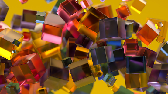 Abstract flying cube blocks on colorful background, 3d render.