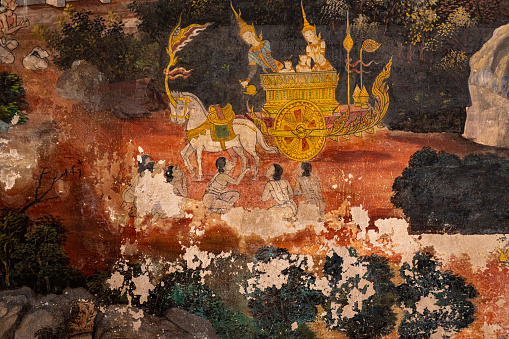 Ancient murals in Thailand located in Wat Nang Phaya, Phitsanulok Province that tell the story of beautiful art works in Thailand.