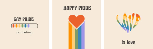 Vector set of retro greeting cards for LGBTQIA Pride Month. Social media post with groovy queer slogans and phrase. LGBT rainbow flag colors, love word in heart shape and Gay Pride Loading bar. Vector Vector set of retro greeting cards for LGBTQIA Pride Month. Social media post with groovy queer slogans and phrase. LGBT rainbow flag colors, love word in heart shape and Gay Pride Loading bar. Vector pride stock illustrations