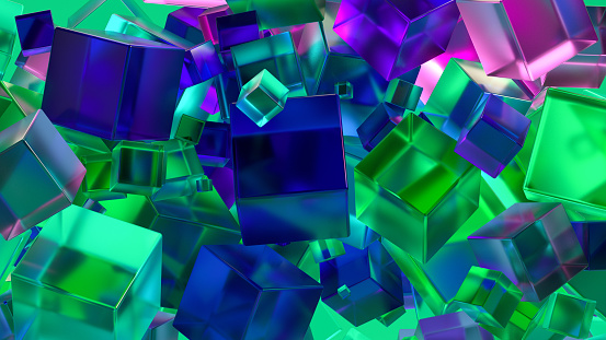 Abstract flying cube blocks on colorful background, 3d render.