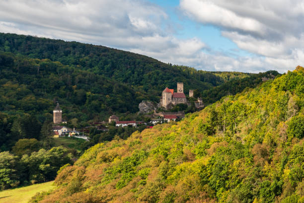 Haredgg town with castle ruins in Thaytal in Austria near borders with Czech republic stock photo