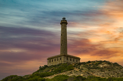 Mesa Roldan lighthouse at sunset, Cabo de Gata Nijar Natural Park in Almeria province, Andalusia Spain. Tourist attraction, interesting place.