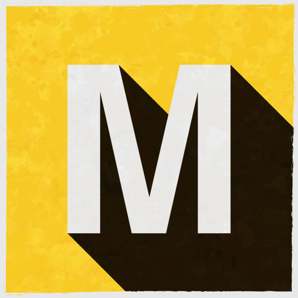 ilustraciones, imágenes clip art, dibujos animados e iconos de stock de letra m. icono con sombra larga sobre fondo amarillo texturizado - letter m illustrations