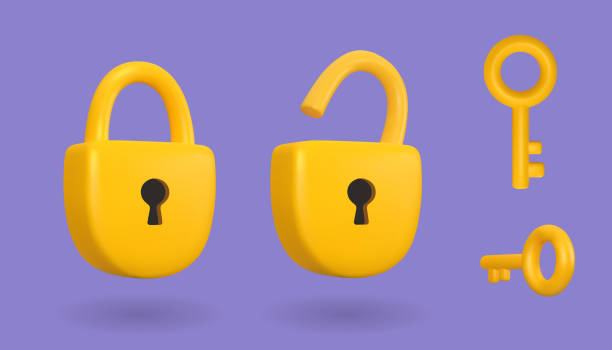 Vector 3d Lock with Key Vector 3d Lock with Key icon. Cartoon render yellow padlock isolated on white background. Security concept. padlock stock illustrations