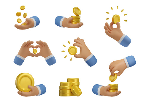 Vector 3d money emoji set. Icon hand holding coins. Realistic render emoticon. Transfer concept, golden coin stack design elements isolated on white background