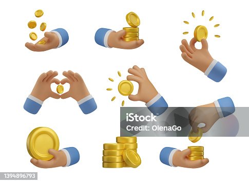 istock Vector 3d Icon hand with golden coins set 1394896793