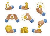 istock Vector 3d Icon hand with golden coins set 1394896793