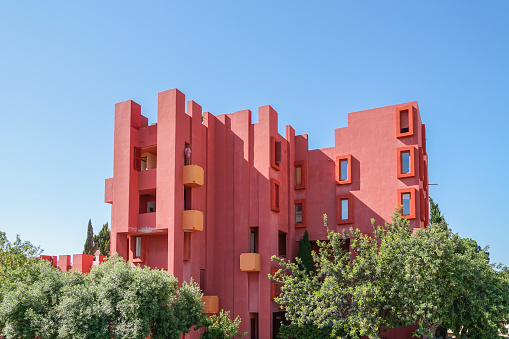 Calp, Spain, 17 June, 2019: Walls of Red Wall building. La Muralla Roja building in Calp, Spain.