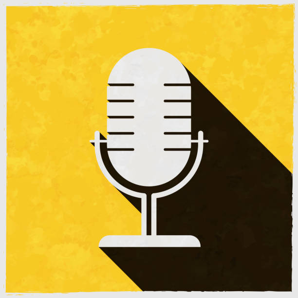 illustrazioni stock, clip art, cartoni animati e icone di tendenza di microfono. icona con ombra lunga su sfondo giallo strutturato - microphone backgrounds music speaker