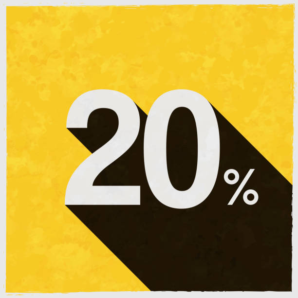 illustrations, cliparts, dessins animés et icônes de 20% - vingt pour cent. icône avec une ombre longue sur fond jaune texturé - number 20 percentage sign sale savings