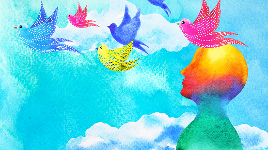 birds flying in blue sky abstract art mind mental health spiritual healing human head free freedom feeling watercolor painting illustration design drawing
