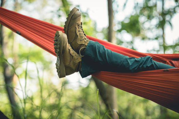 Relaxing in hammock in tropical forest stock photo