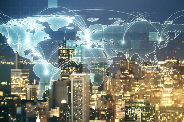 istock Abstract graphic digital world map hologram with connections on San Francisco cityscape background, globalization concept. Multiexposure 1394902006