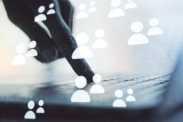 istock Double exposure of social network icons concept with hand typing on computer keyboard on background. Networking concept 1394902027