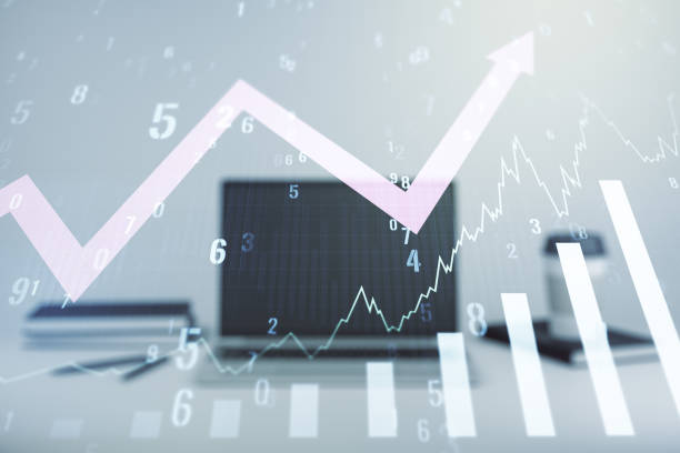 istock Abstract creative financial graph with upward arrow on modern laptop background, forex and investment concept. Multiexposure 1394902082
