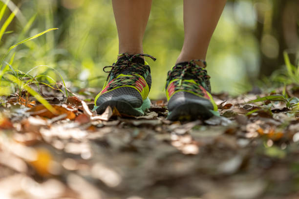istock Woman runner running on forest trail 1394902240