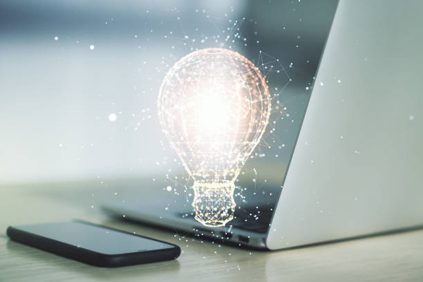 istock Creative idea concept with light bulb illustration on modern laptop background. Multiexposure 1394903759