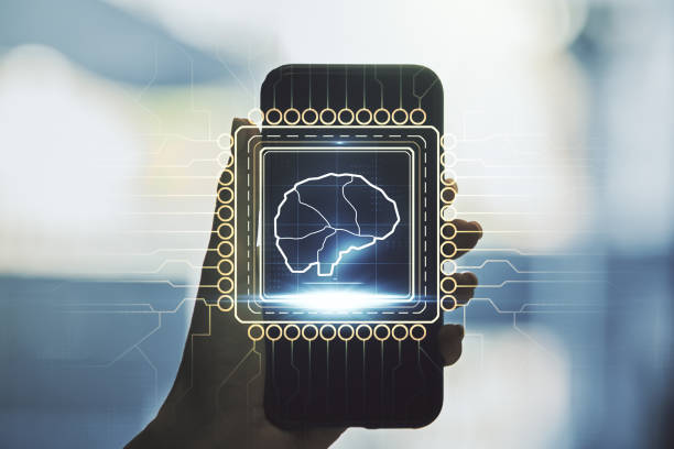 double exposure of creative human brain microcircuit and hand with cellphone on background. future technology and ai concept - nerve cell brain engineering cell imagens e fotografias de stock