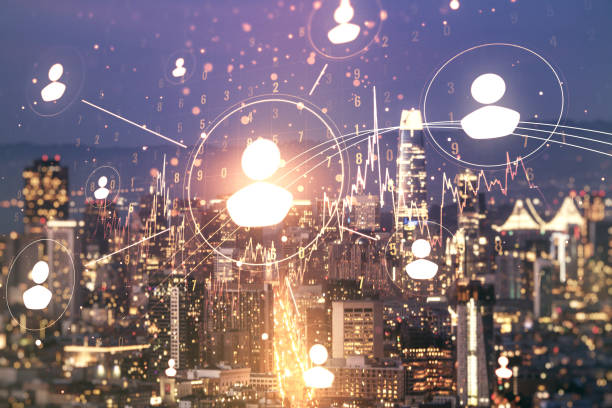 istock Abstract virtual social network concept on San Francisco skyline background. Multiexposure 1394903792