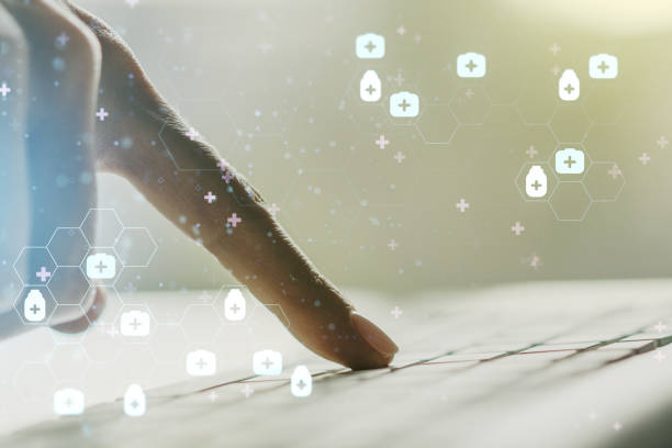 istock Creative abstract medical sketch and hands typing on computer keyboard on background, Medicine and healthcare concept. Multiexposure 1394903819