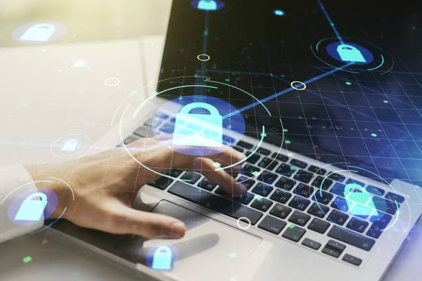 istock Creative lock sketch with chip hologram and hands typing on computer keyboard on background, protection of personal data concept. Multiexposure 1394903822