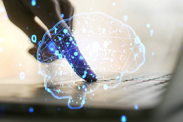 istock Double exposure of creative human brain microcircuit with hand typing on computer keyboard on background. Future technology and AI concept 1394903838