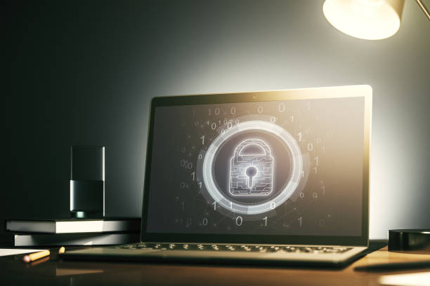 istock Computer monitor with creative light lock illustration and microcircuit, cyber security concept. 3D Rendering 1394903901
