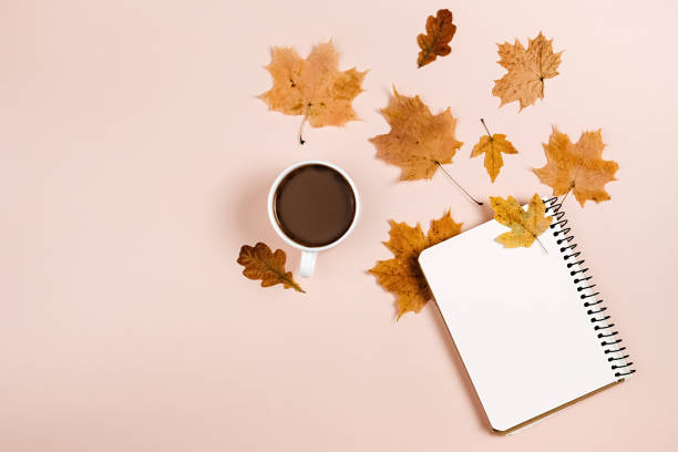 istock Autumn composition. Dried various leaves, hot coffee cup and notebook on pink color background wall in studio for advertisement. Autumn, fall, thanksgiving day concept. Flat lay, top view 1394904074