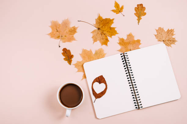 istock Autumn flat lay overhead top view coffee cup, dried maple leaves and notebook on pink color background wall in studio. Fall season template for feminine blog social media. Creative composition 1394904100
