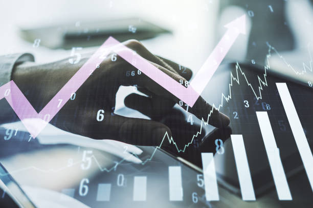 istock Abstract creative financial graph with upward arrow and finger clicks on a digital tablet on background, forex and investment concept. Multiexposure 1394904729