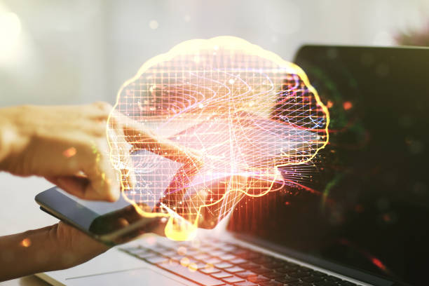 istock Double exposure of creative human brain microcircuit and hand working with a digital tablet on background. Future technology and AI concept 1394904730