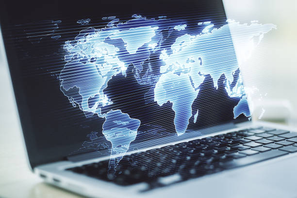 istock Multi exposure of abstract graphic world map on computer background, connection and communication concept 1394904756